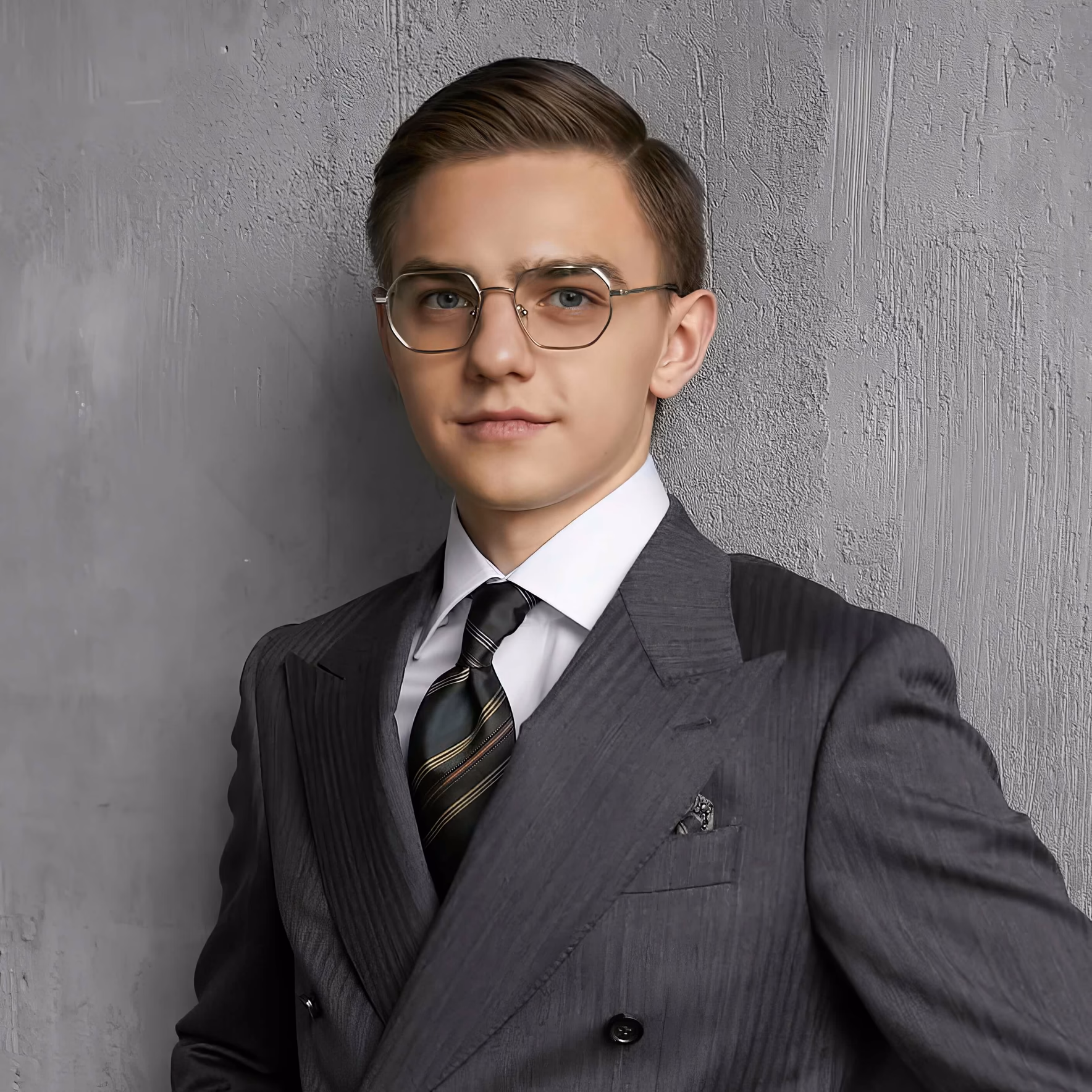 Деловой портрет Романа Сёмушкина. Молодой человек в очках, сером двубортном костюме и галстуке в полоску, спокойный профессиональный взгляд.