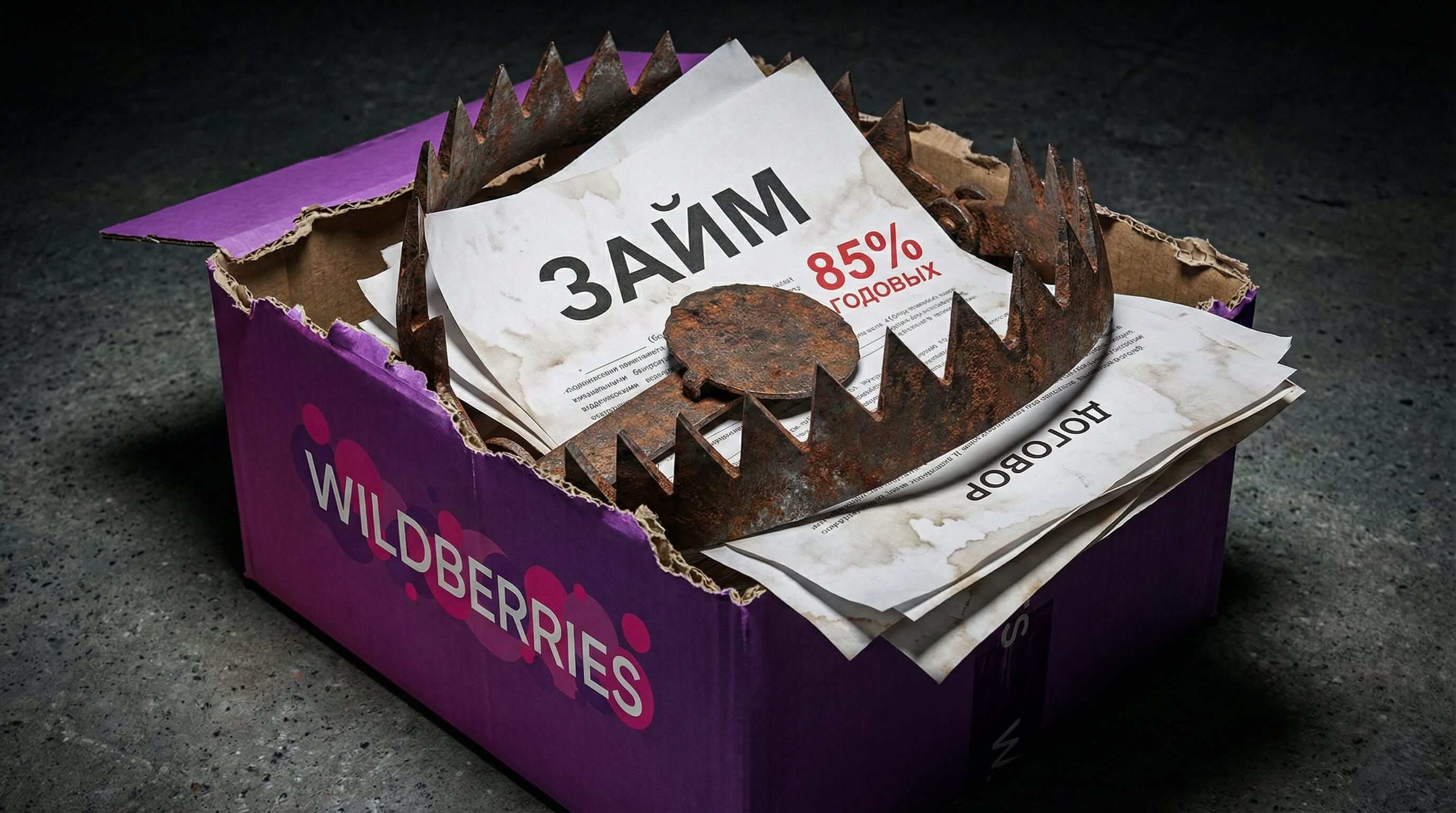 Раскрытая фиолетовая посылка Wildberries с вырывающимися документами «ЗАЁМ 85% ГОДОВЫХ» и стальным медвежьим капканом — визуальная метафора долговой ловушки для потребителей.